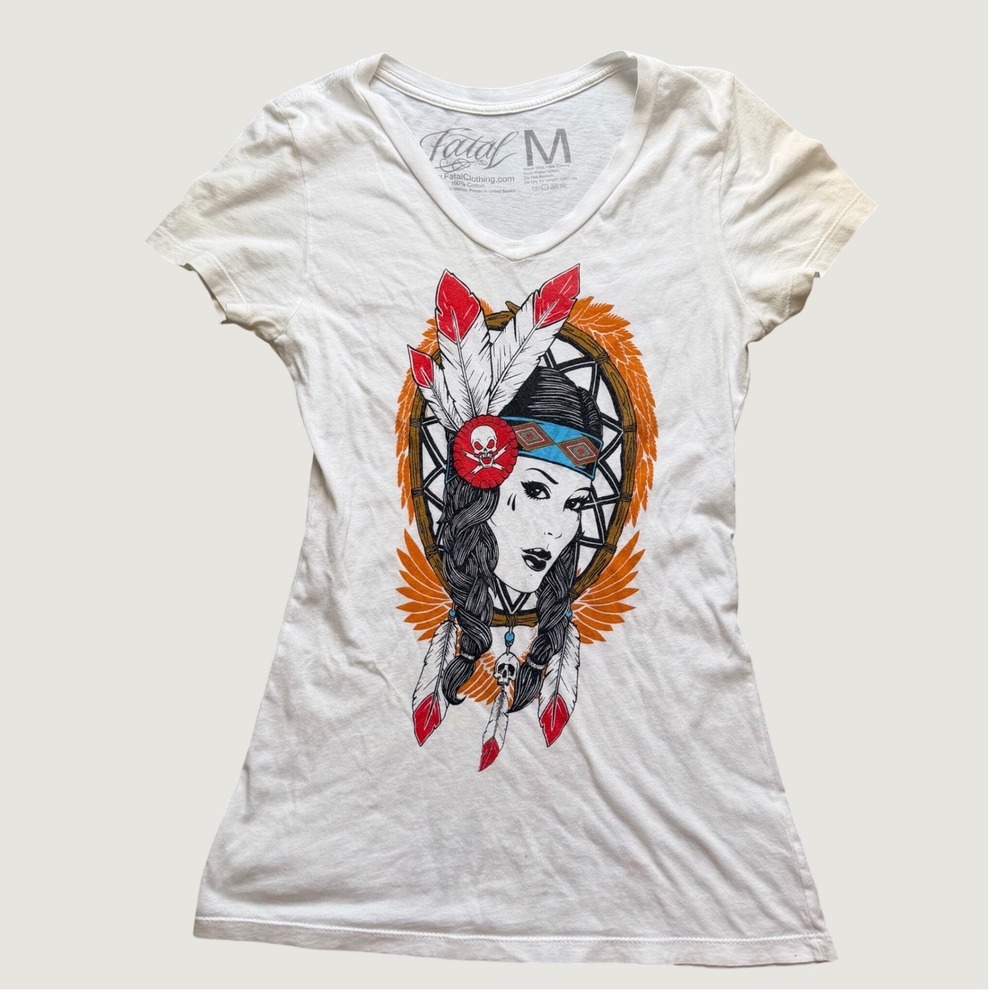 Fatal Clothing Graphic White V-Neck T-Shirt Dreamcatcher Skull, XS-M